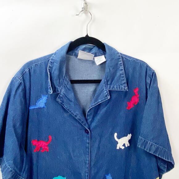 2/$30 Vintage Blair Plus 2XL Women Blue Chambray Applique Cat  Button Up Shirt - Picture 4 of 9